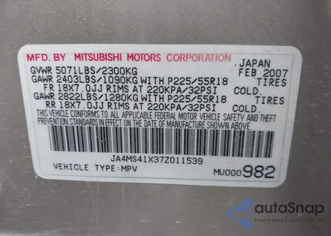 2007 Mitsubishi Outlander Xls z USA, uszkodzony, nr VIN JA4MS41X37Z011539